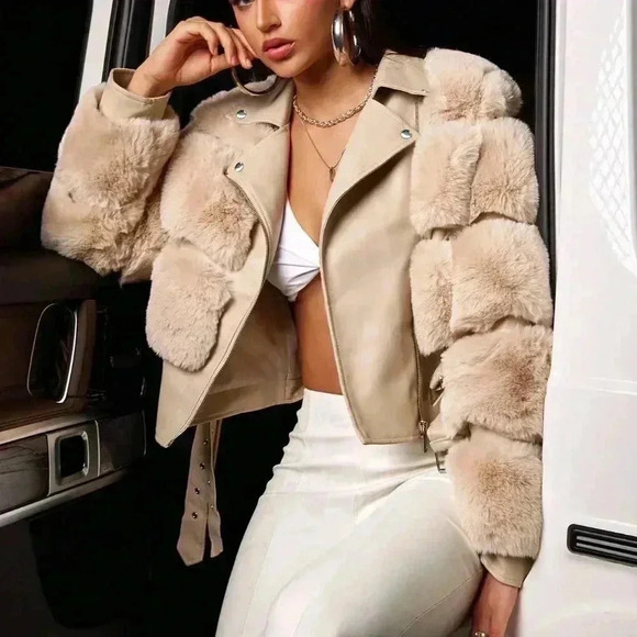 Khaki Casual Women's Faux Fur Spliced Faux Leather Double Belt Slim Warm Jacket - Picture 5 of 7